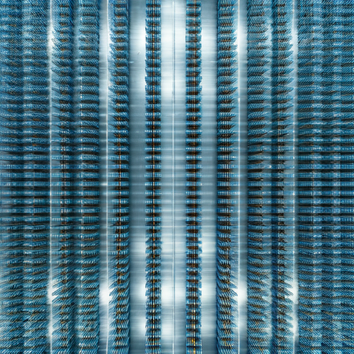 Aerial view of a massive modern warehouse facility with geometric rows of shelving under bright industrial lighting